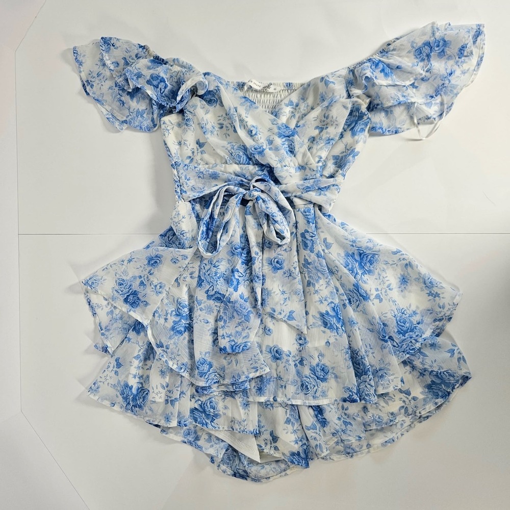 Altar'd State Floral Off The Shoulder Wrap Romper Blue White Small